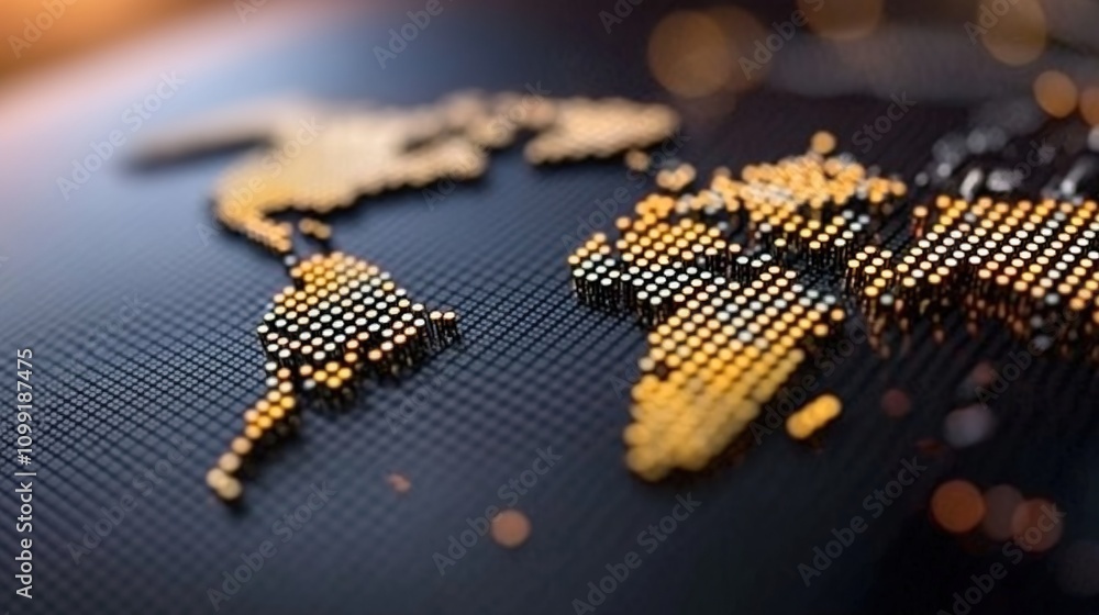Poster artistic representation of a world map created with glowing dots on a dark background, showcasing gl