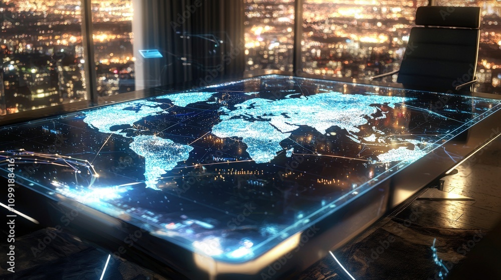Aufkleber Interactive world map display in modern workspace urban office digital art high-tech environment aerial view global connectivity