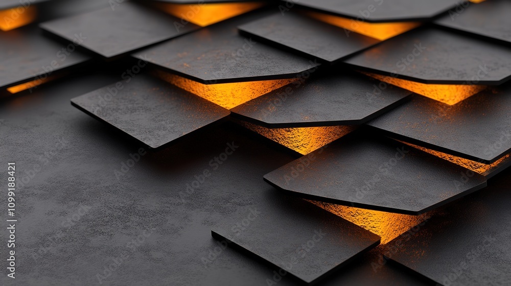 Poster abstract background featuring sleek black tiles with glowing orange accents creating a captivating m