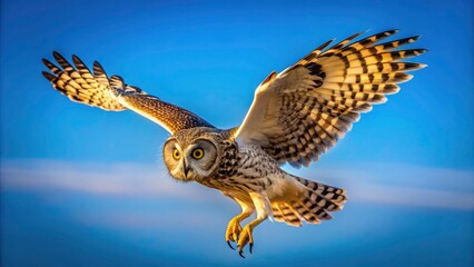 Fototapeta premium Stunning Silhouette of Short-eared Owl in Flight with Prey against Vibrant Blue Sky - Wildlife Photography, Nature, Birds of Prey, Avian Hunting, Natural Habitat