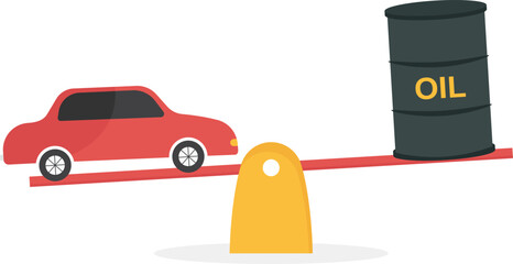 Global economic competition between electric cars and fuel combustion vehicles, strategy to win in the world car industry concept. Comparison electric car and patrol car on seesaw.   © WS DESIGN