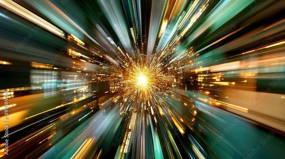 Poster explosive energy burst illustrating dynamic movement with radiant light and vibrant colors creating 