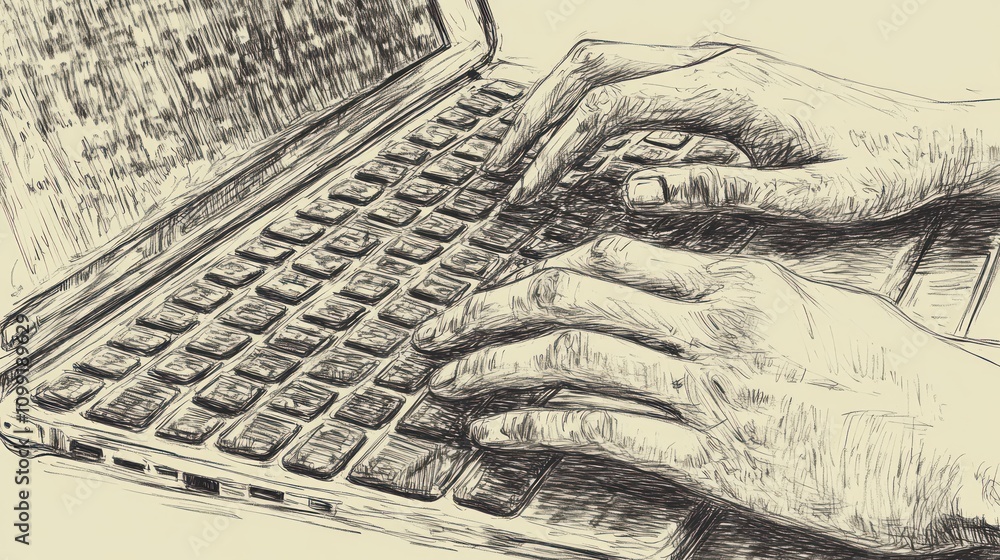 Poster hands typing on a laptop keyboard, illustrating digital communication and work.