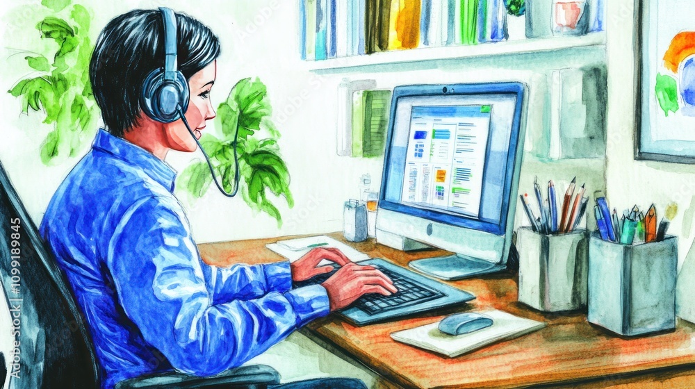 Aufkleber a person working at a desk with a computer and headset in a home office setting.