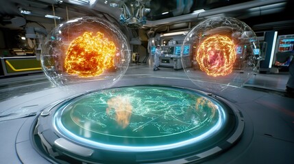 Futuristic Laboratory with Holographic Displays Demonstrating Celestial Bodies and Scientific Research Innovations in a High-Tech Setting