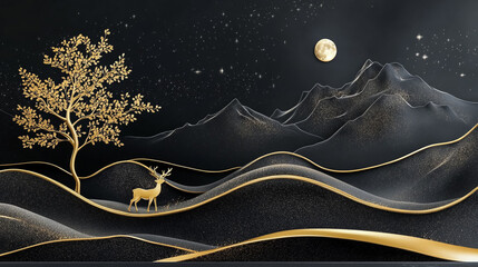 Naklejka premium Golden Deer in a Starry Night