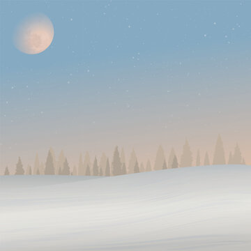 Minimalist sunset snowscape with silhouette pine forest have moon and starry on vanilla sky square background graphic illustration.