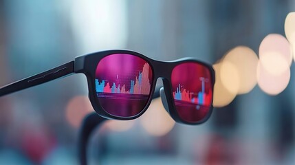 Sunglasses Reflecting Vibrant Stock Market Data Amid Urban Environment, Symbolizing Investment Opportunities and Business Trends, Blending Fashion with Financial Insights