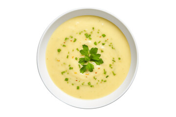 Fototapeta premium Top view of soup in bowl isolated on transparent background. Generative ai