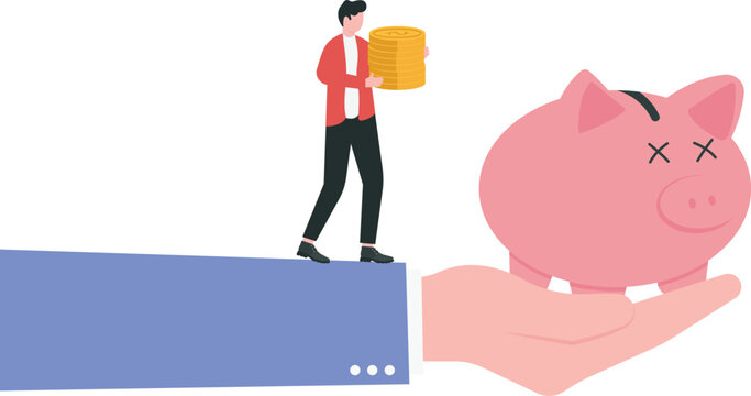Reducing the money supply within an economy by increasing interest rates, contractionary monetary policy to address inflation concept. Businessman rushing to deposit his money in the bank.

