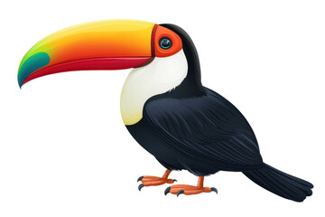 Fototapeta premium A colorful toucan with a large, vibrant beak and sleek black feathers, standing with a playful posture.