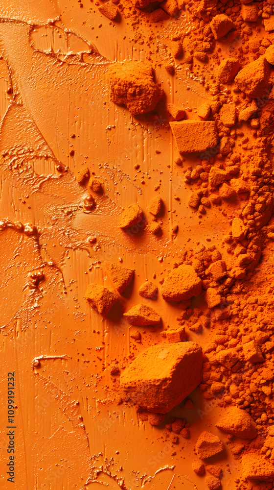 Aufkleber an abstract display of orange powder and chunks on a textured surface.