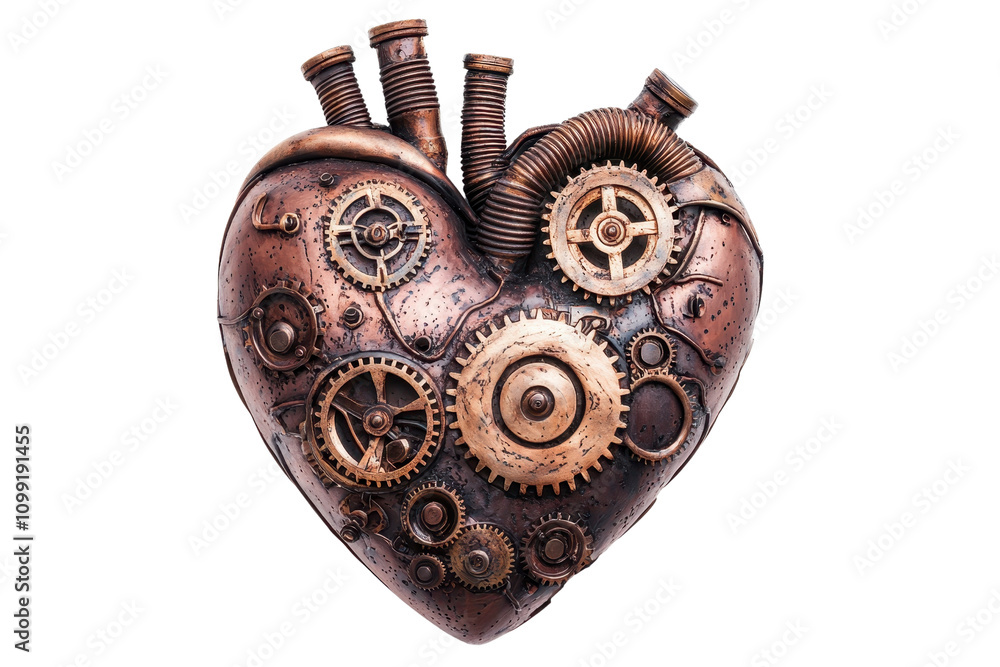 Poster a steampunk heart adorned with intricate gears and mechanical elements, blending emotion with machin