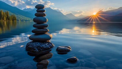 Obraz premium Balanced Stones Lake Sunset Mountain Serenity