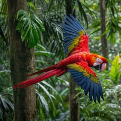 Obraz premium A bright red macaw is flying