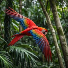 A bright red macaw is flying