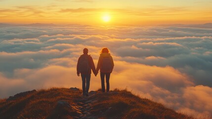 Fototapeta premium Couple holding hands, silhouetted against a sunset over a sea of clouds.