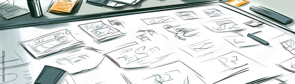 Poster a workspace with sketches and notes, indicating brainstorming or design planning.