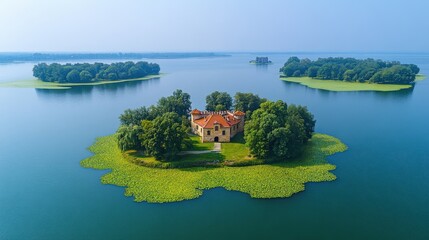 Obraz premium A serene island with a house surrounded by water and lush greenery.