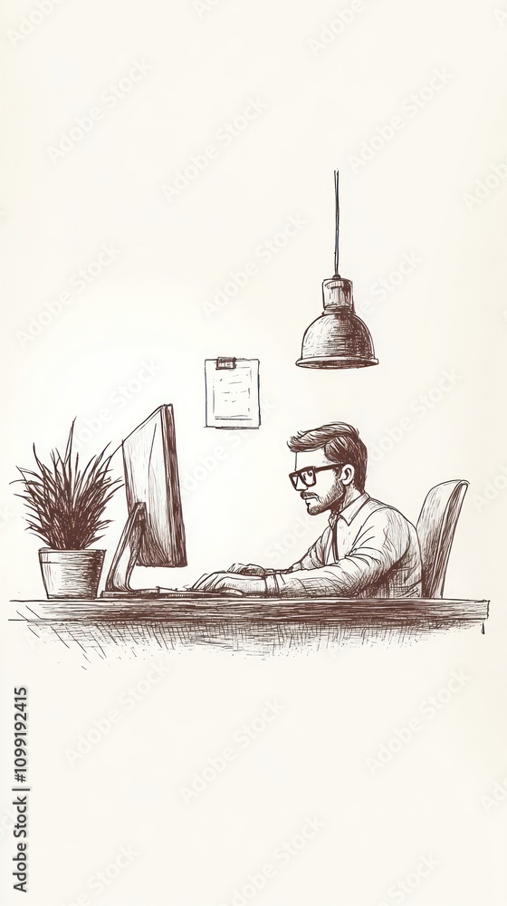 Poster a man working at a desk with a computer, plant, and light fixture in a minimalist setting.