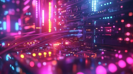 Obraz premium Close-up of vibrant server rack with cables and colorful lights, showcasing technology infrastructure.
