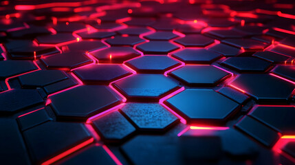 Fototapeta premium A futuristic hexagonal grid in dark blue and black with glowing red highlights, evoking a sleek and modern technological theme.
