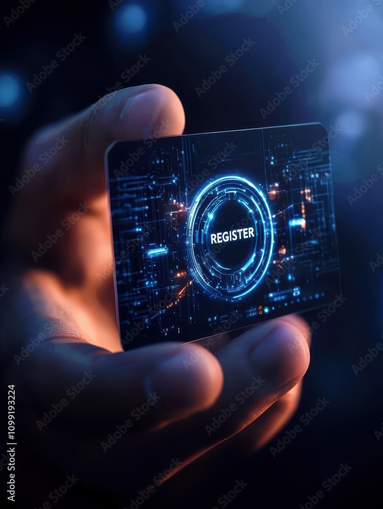 Poster a hand holds a futuristic card displaying the word 