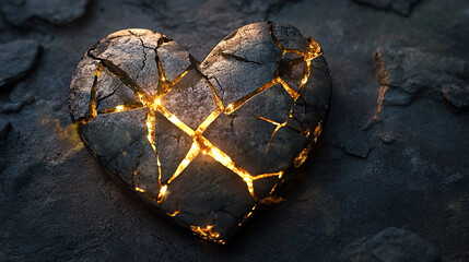 A shattered heart with glowing golden cracks symbolizes