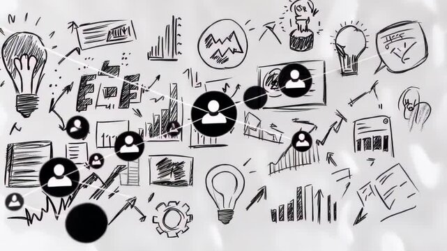 Hand-drawn business elements scattered across white canvas creating visual brainstorming layout. Black sketched lines depict growth charts, lightbulbs, user icons, arrows, and strategic elements. 