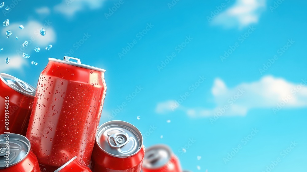 Poster dynamic splash of water on vibrant red cans, refreshing visual spectacle