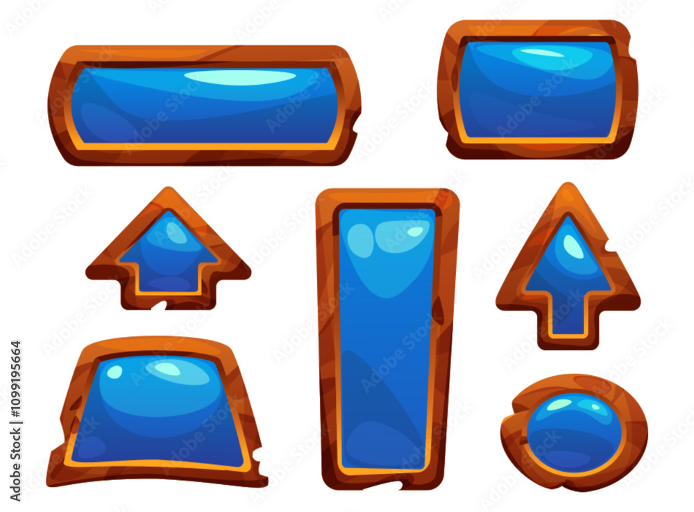 Aufkleber game wood button, ui frame and arrow cartoon sign. blue interface design gui set with icon and brown
