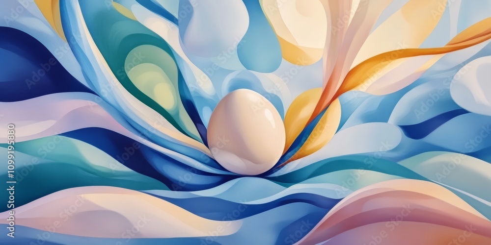 Wall mural abstract fluid art with central sphere and dynamic colorful waves