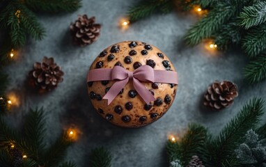 Christmas Cake Decorated with Blackcurrants and Pink Ribbon Surrounded by Pine Cones and Foliage on a Gray Background with Soft Ambient Lights