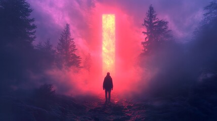 Obraz premium Mysterious Path Through a Foggy Forest with a Neon Light Beam