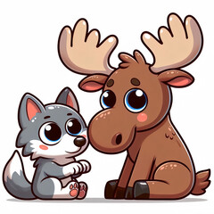 Obraz premium Cute grey wolf and moose playing together 