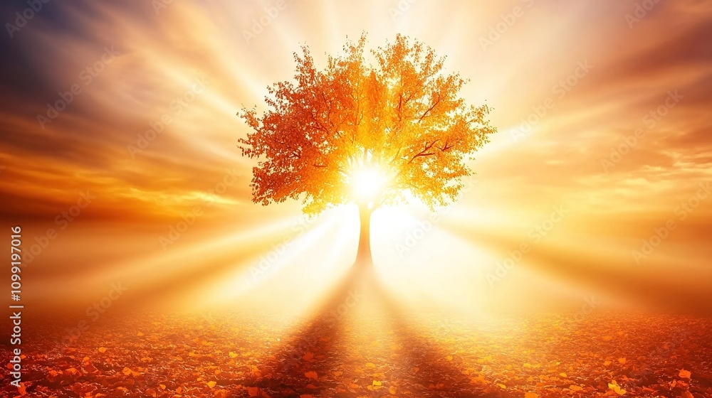 Poster majestic autumn tree illuminated by the golden rays of the sun, creating a serene and ethereal atmos