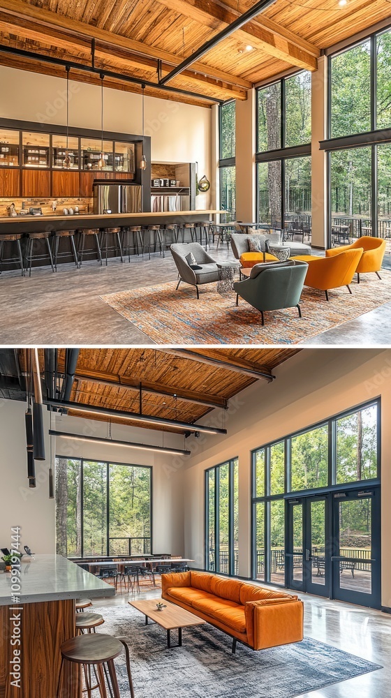Poster modern interior design featuring open spaces and large windows in a natural setting.