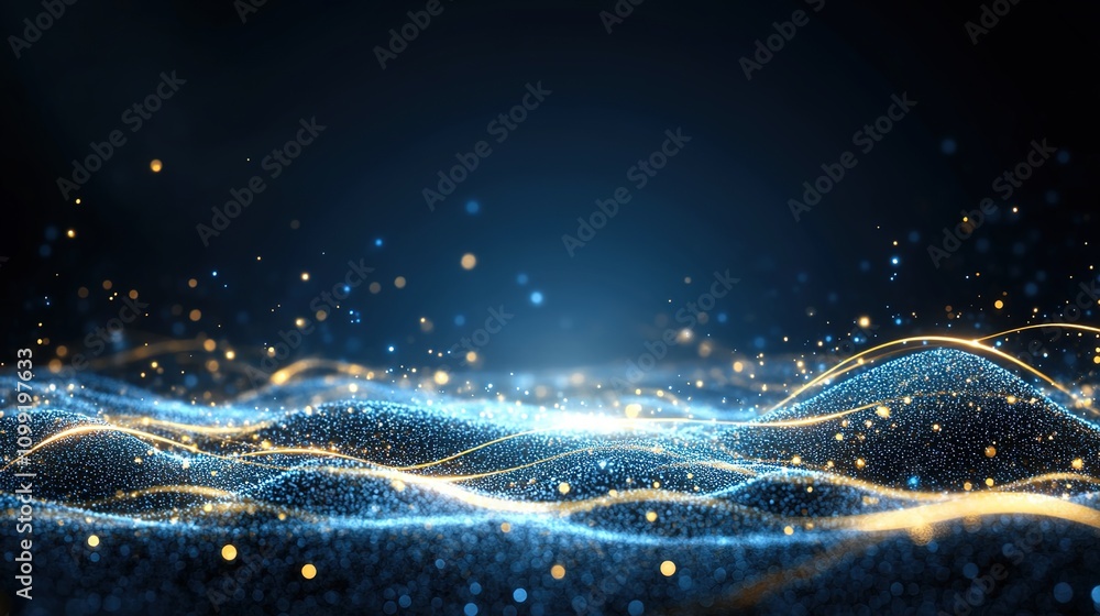 Poster abstract blue and gold sparkling waves with glowing particles creating a dynamic background for tech