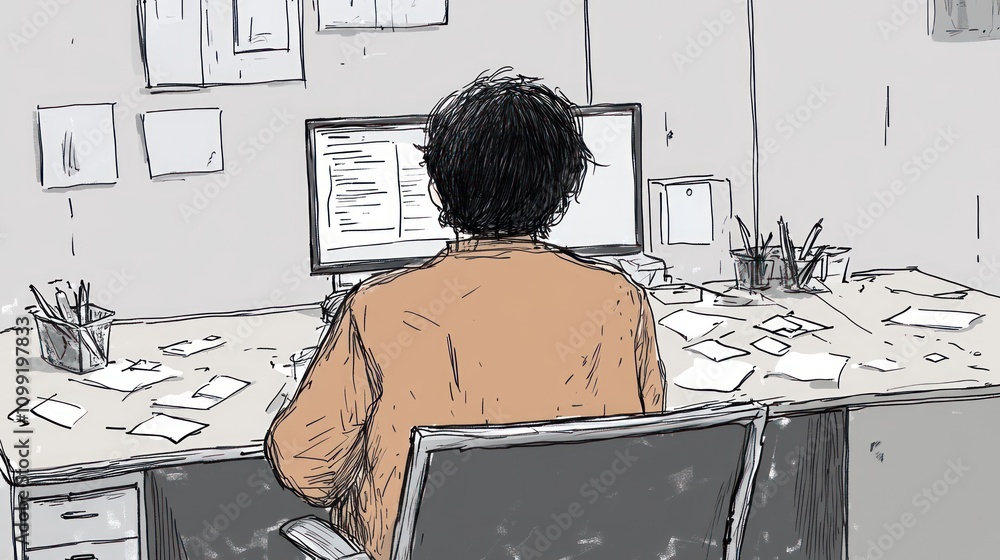 Aufkleber a person sits at a cluttered desk, working on a computer in a minimalistic office space.