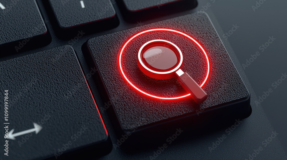 Poster 3d render of keyboard button featuring magnifying glass icon, illuminated in red. this design emphas