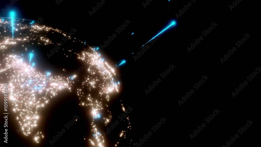Poster earth digital animation seamless loop background. world at night with city lights growing network ov