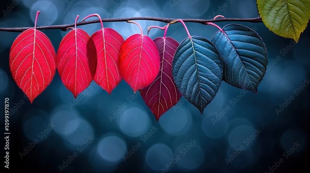 Poster vibrant gradient of colorful leaves on a branch against a soft focused blue background displaying na
