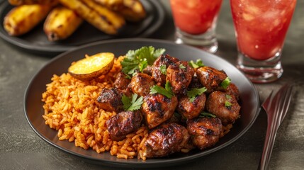 Fototapeta premium Delicious caribbean pigeon pea rice with jerk chicken and fried plantains vibrant dining scene tropical ambiance close-up view