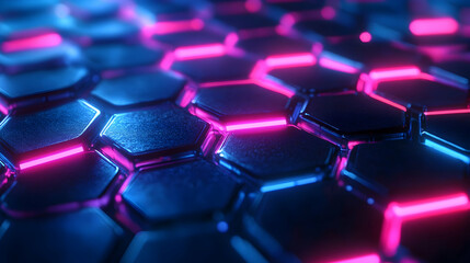 Fototapeta premium A vibrant neon hexagonal pattern in blue and pink hues, illuminated with glowing lights for a futuristic and energetic vibe.