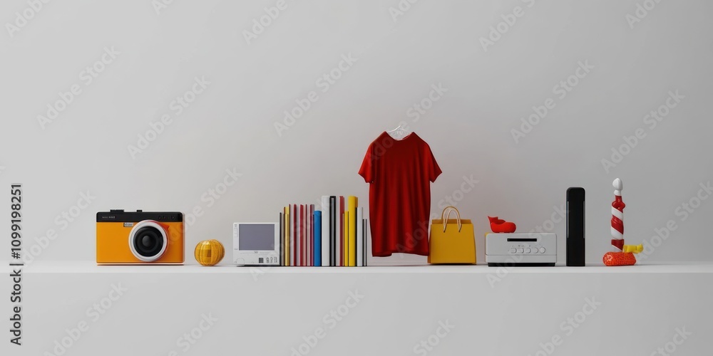 Poster a minimalistic display of various everyday items on a shelf.