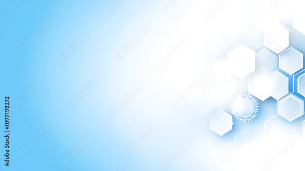 Poster abstract blue background featuring hexagons and gears, symbolizing technology and innovation in desi