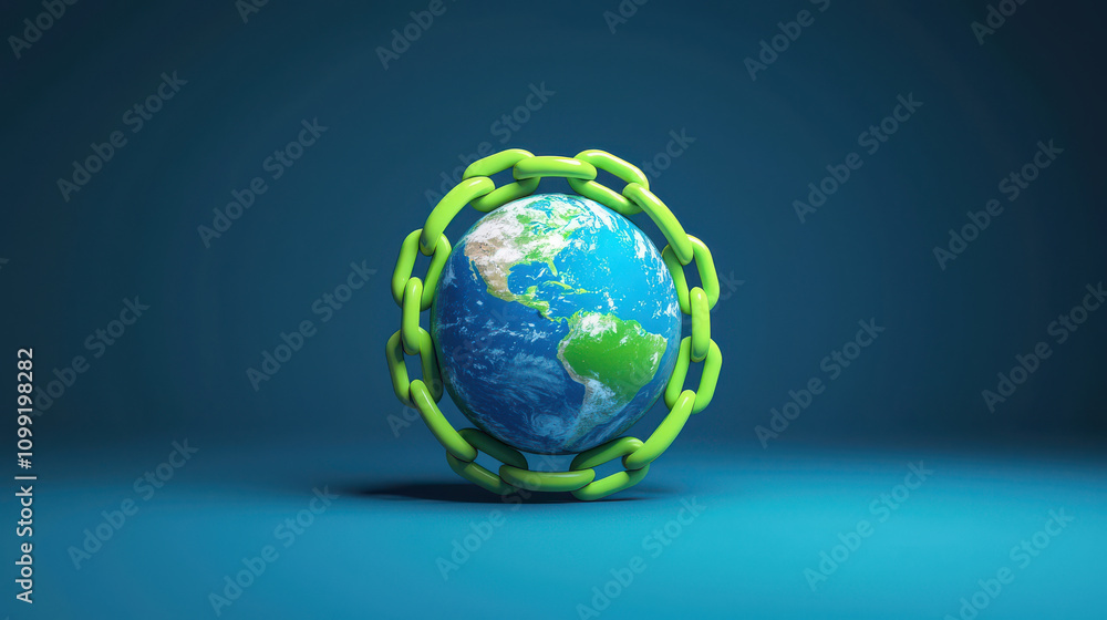 Poster 3d rendering of earth surrounded by green chain on blue gradient background, symbolizing unity and p