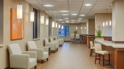 Fototapeta premium Modern waiting area with comfortable seating and warm lighting.