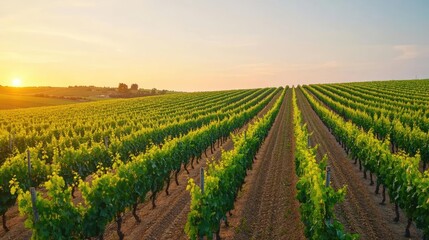 Fototapeta premium Golden-toned vineyard landscape, grapevines in rows, warm light, rustic beauty, idyllic rural vibe