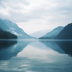 Serene Mountain Lake Landscape: Misty Mountains and Calm Water